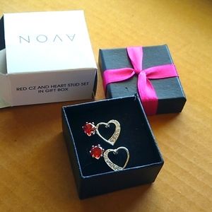Red CZ & Heart Stud Earrings 2 pairs in gift box Avon New